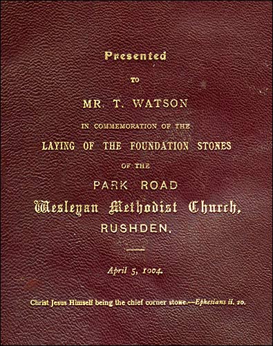 Cover of hymnbook presented to Mr T Watson, one of the stonelayers, in 1904