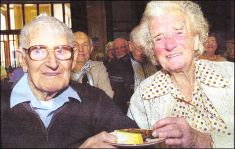 Ernie Sharpe & Hilda Surridge celebrating their 102nd birdays at the Salvation Army Over 60s club