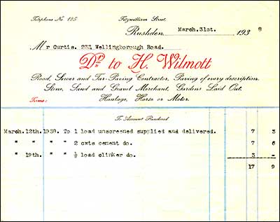 Herbert Wilmott's invoice 1938