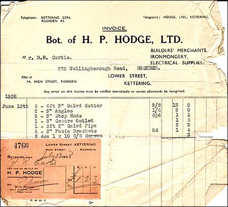H P Hodge 1938 invoice
