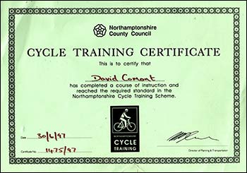David's cycle training certificate