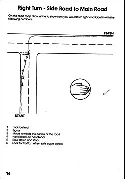 Page from the workbook about turning right onto a main road