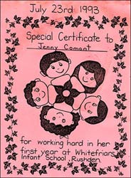 Picture of Jenny's certificate for hard work in her first year at Whitefriars Infant School