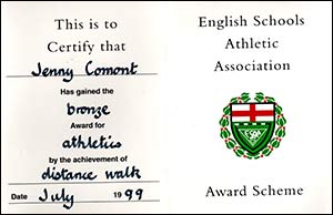 Jenny's certificates in the English Schools Athletic Association Award Scheme