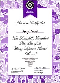 Jenny's Young Lifesaver Award certificate