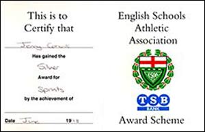 Jenny's certificates in the English Schools Athletic Association Award Scheme