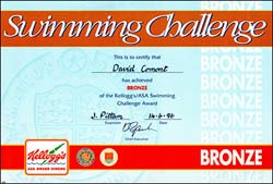 The bronze swimming challenge certificate achieved by Jenny's brother
