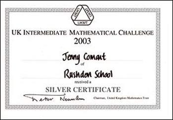 The Silver Certificate won by Jenny in the Intermediate Maths Challenge in 2003 when she was in Year 10
