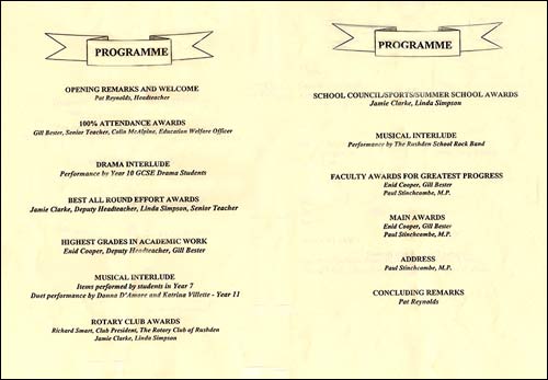 Cover and first two pages of the programme for Achievements Evening 1999, showing the awards to be presented and who was to make the presentations