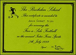 Certificate awarded to Jenny's brother for winning the 5-a-side Football at the Inter-Form Sports