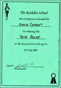 Certificate awarded to Jenny's brother for winning the Year 10 Relay at the Inter-Form Sports