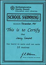 Jenny's 10 metre and 25 metre swimming certificates