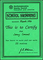 Jenny's 10 metre and 25 metre swimming certificates