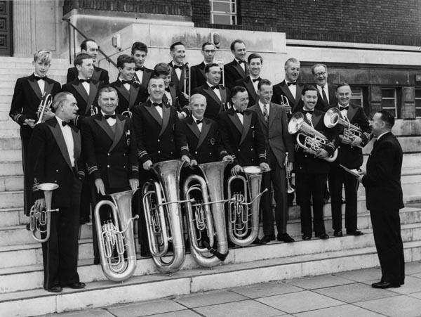 Photograph of The Mission Band outside Hammersmith Town Hall 1963