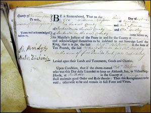 Signed by two Justices of the Peace - the bundle of licences then threaded onto a cord. Image reproduced by kind permission of Northamptonshire Record Office.