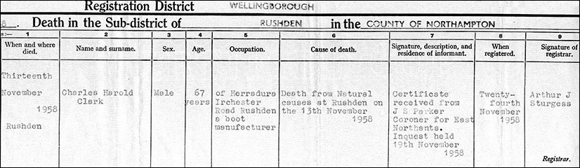 The death certificate - Charles died 13th Novemeber 1958