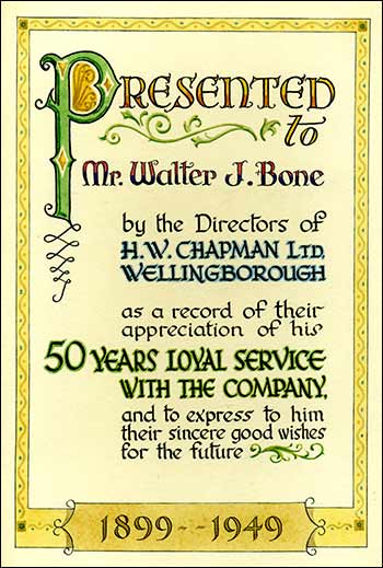 50 years' service certificate awarded to Walter Bone