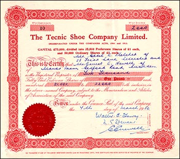 Technic Share Certificate dated 1950 signed by Mr. Tarry