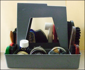 Shoe caddy with polishes and brushes
