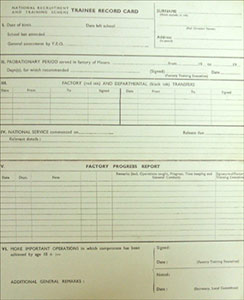 A trainee record card detailing the student's progress at the college and in the factory