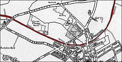 1901 map showing the line of the railway through Rushden