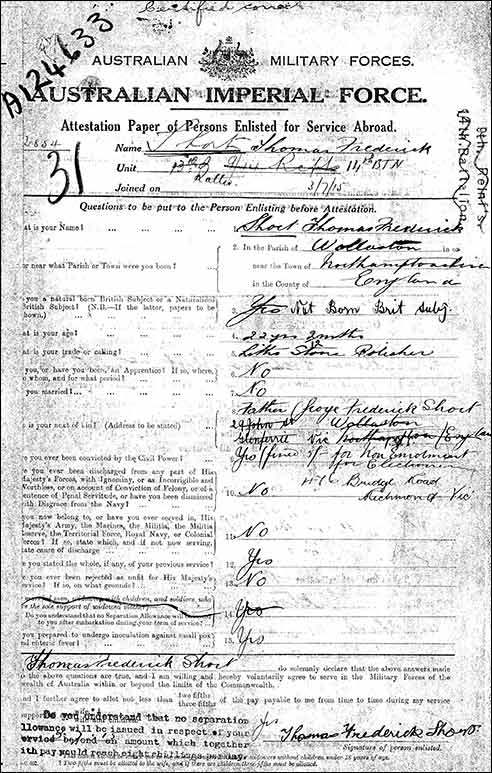 Thomas Frederick's enlistment paper