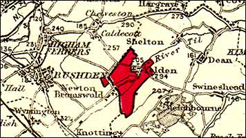 Map of the area with Yelden marked in red