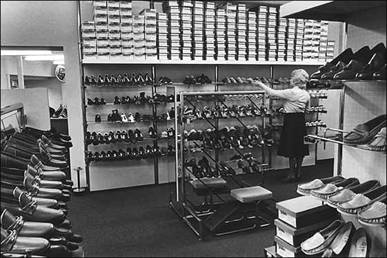 Joan Billingham in the shoe department