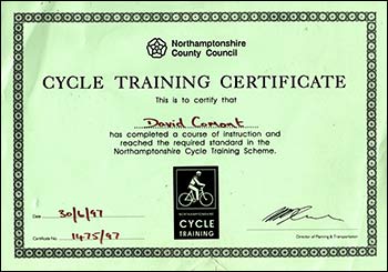 David's cycle training certificate