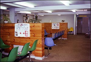 The coloured chairs in the waiting area