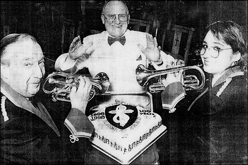 Photograph taken in 1998 to mark the Band's Centenary. Pictured here are Conductor Tony Boddington with Cornet players David Rice and Leanne Parry.