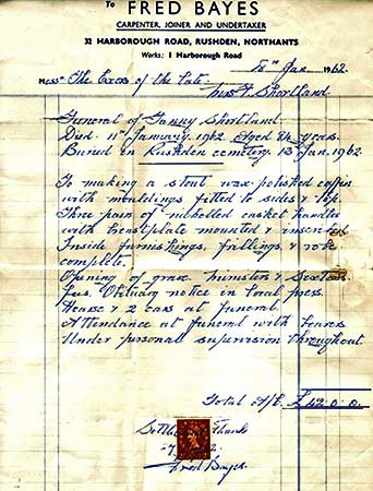 A bill for the funeral expenses of Fanny Shortland, 1962.