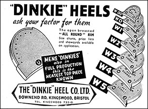 Picture of an advert for Dinkie Heels from Shoe and Leather News, July 1954